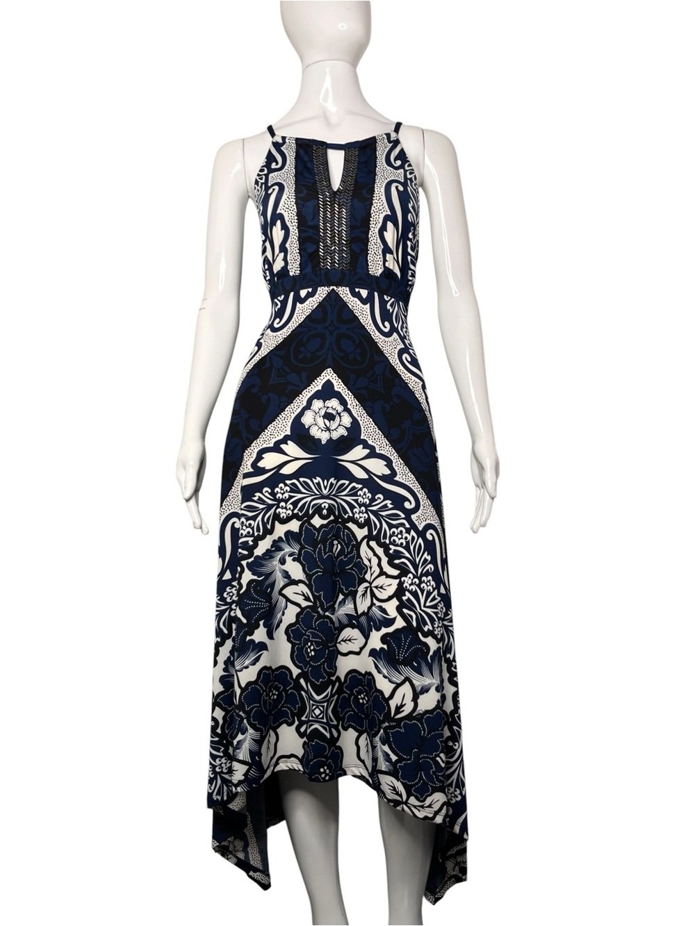 INC International Concepts Navy White Floral Paisley Beaded Hanky Hem Dress XL